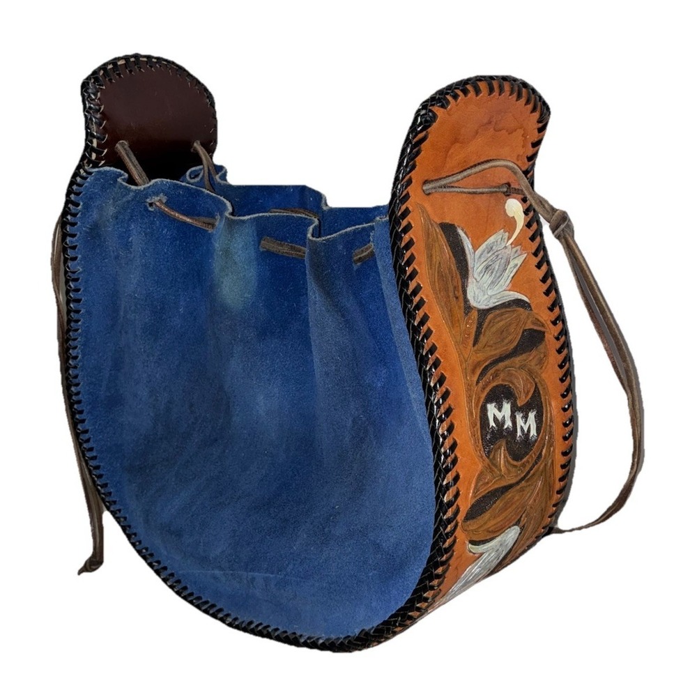 Stirrup Bag Blue Suede Tooled Leather Drawstring‎ Floral MM Western Boho Vintage